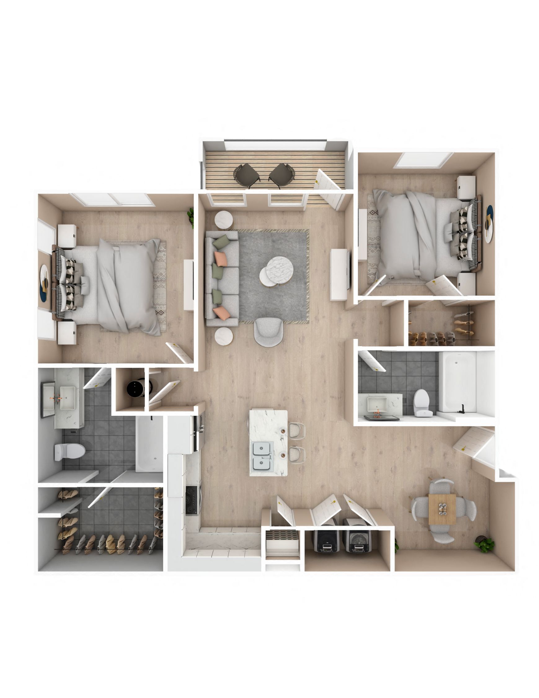 Floor plan for 2 beds, 2 baths, 1047 sqft